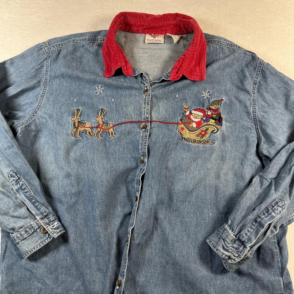 Nutcracker Shirt Womens XL Blue Denim Santa Reindeer Embroidered Chrisrtmas